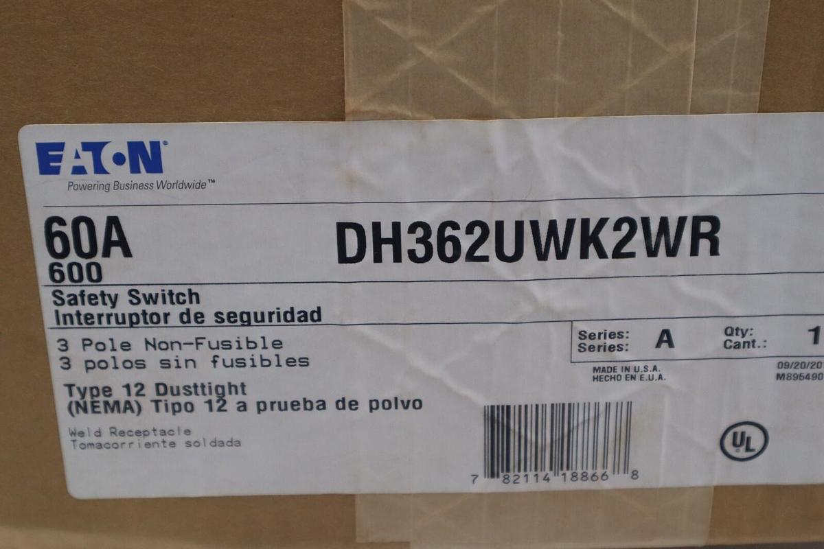 Used NEW Eaton DH362UWK2WR 60A/3P HD NON-FUSIBLE SAFETY SWITCH W/CROUSE STOCK W-73