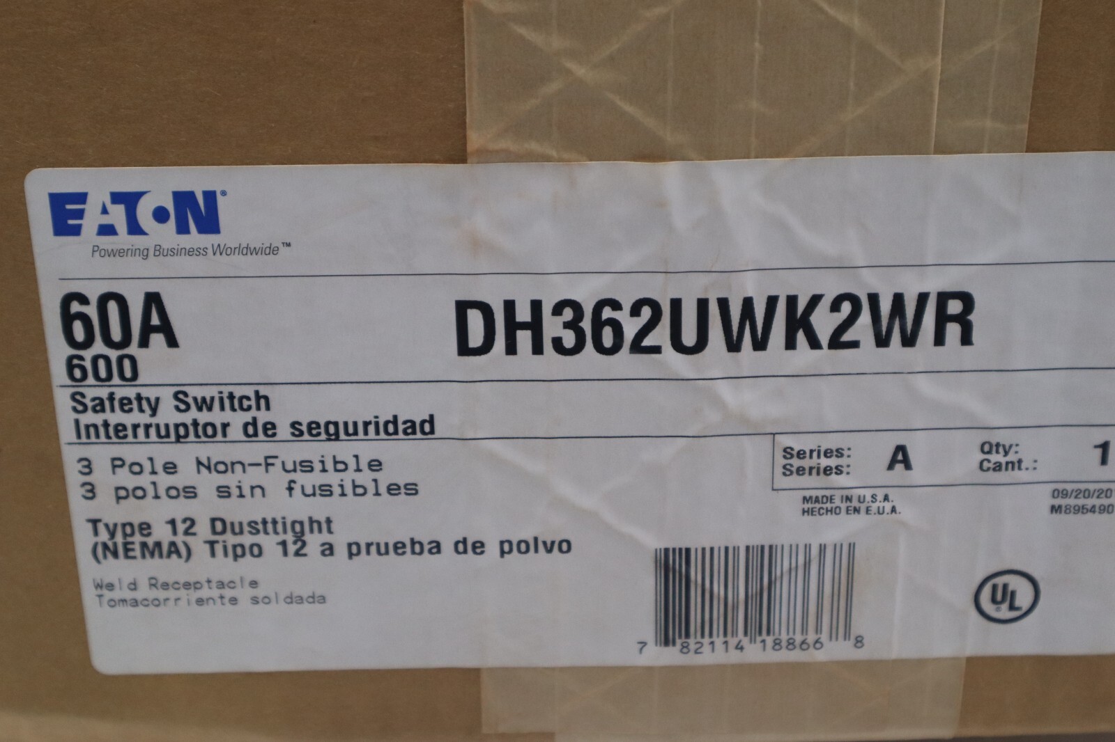 Used NEW Eaton DH362UWK2WR 60A/3P HD NON-FUSIBLE SAFETY SWITCH W/CROUSE STOCK W-73