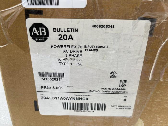 NEW ALLEN BRADLEY 20AE011A0AYNNNC0 POWERFLEX 70 10 HP 600 VAC STOCK 3907