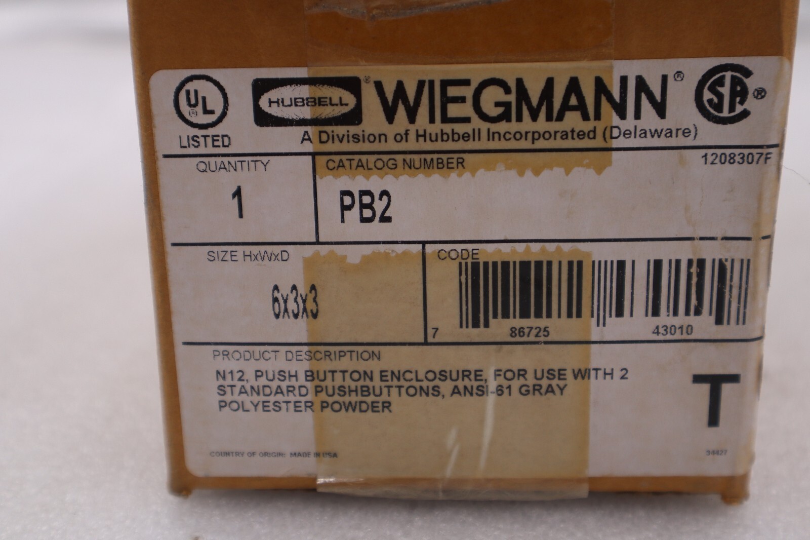 Used HUBBELL WIEGMANN PB2 PUSH BUTTON ENCLOSURE 6X3X3 STOCK #3069