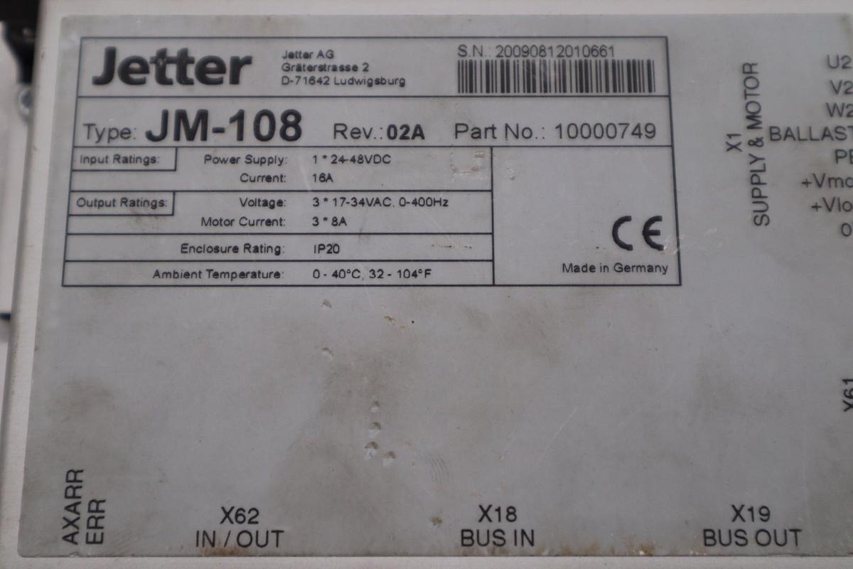 Used JETTER JM-108 REV 02A PART NO 10000749 Servo Drive STOCK H1068A