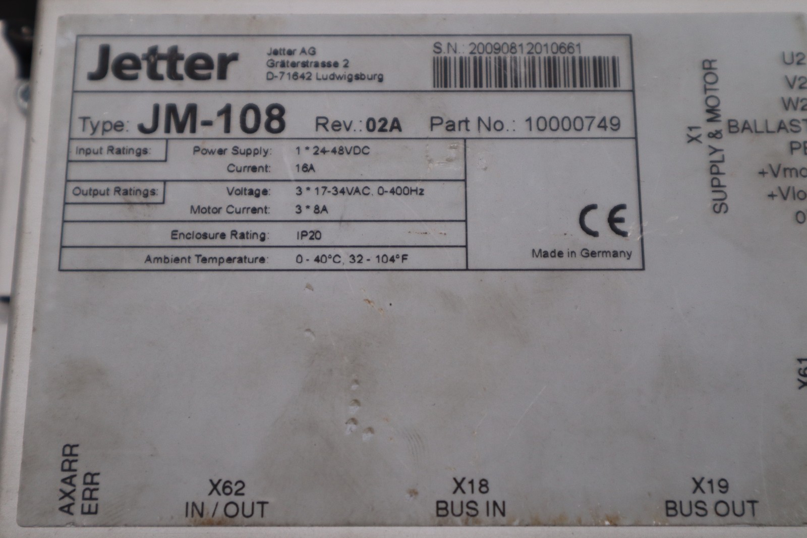 Used JETTER JM-108 REV 02A PART NO 10000749 Servo Drive STOCK H1068A