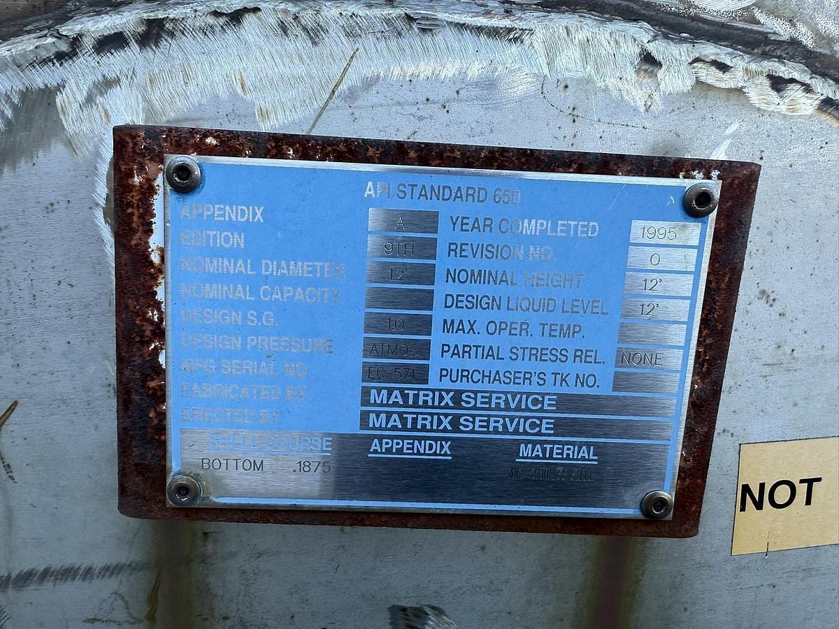 Used 10,000 GALLON MATRIX SERVICE 12' DIAMETER 12' HIGH 316L STAINLESS STEEL TANK