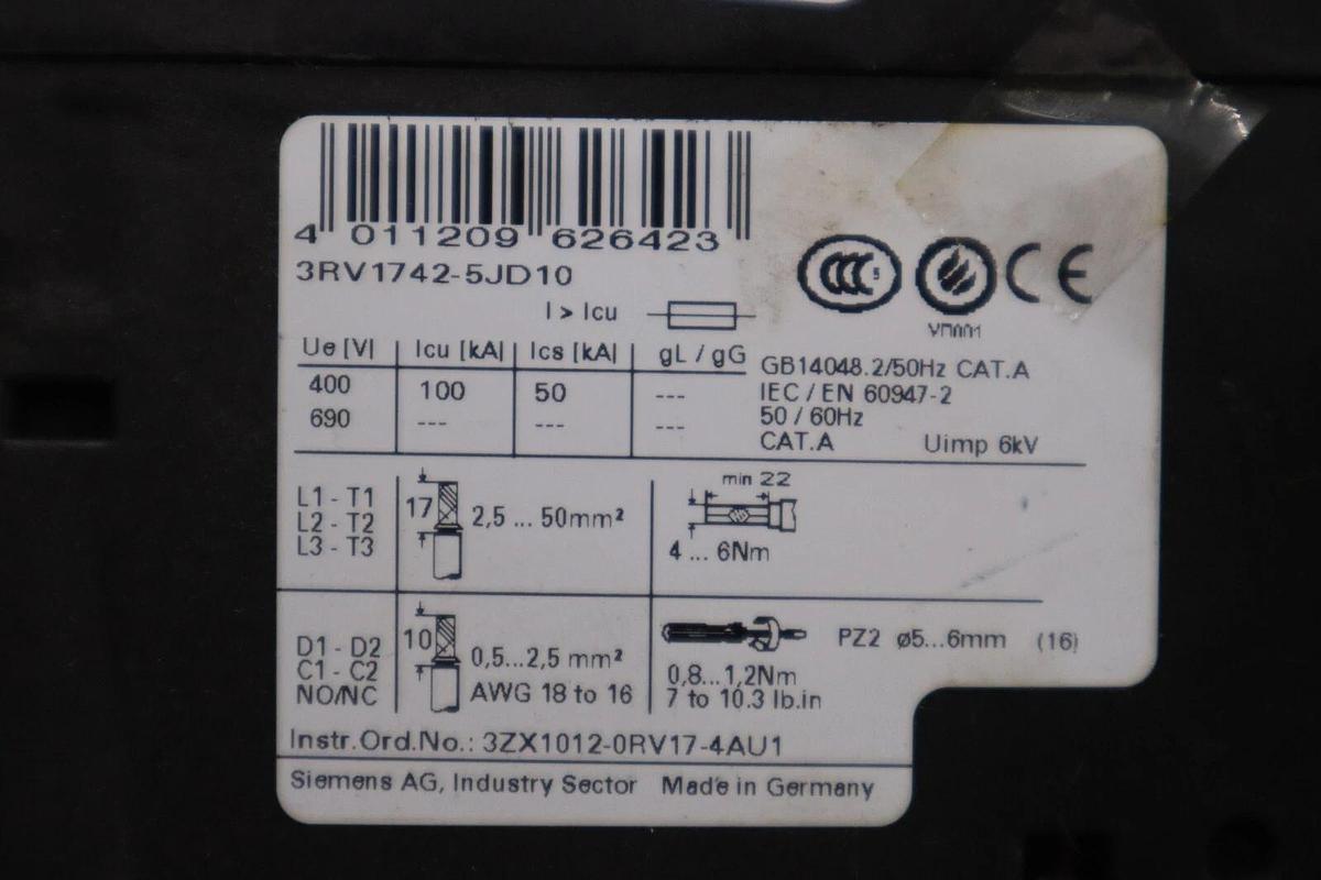 Used SIEMENS SIRIUS 3RV1742-5JD10 CAT.A 50/60Hz IEC/EN 60947-2 CIRCUIT BREAKER #5428