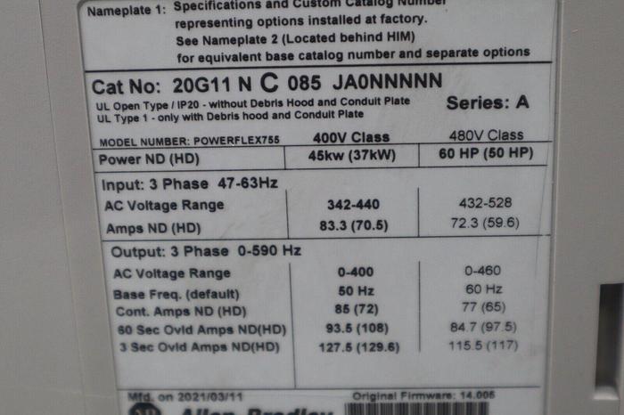Used 2021 Allen Bradley 20G11NC085JA0NNNNN Powerflex Catalog STOCK 4687