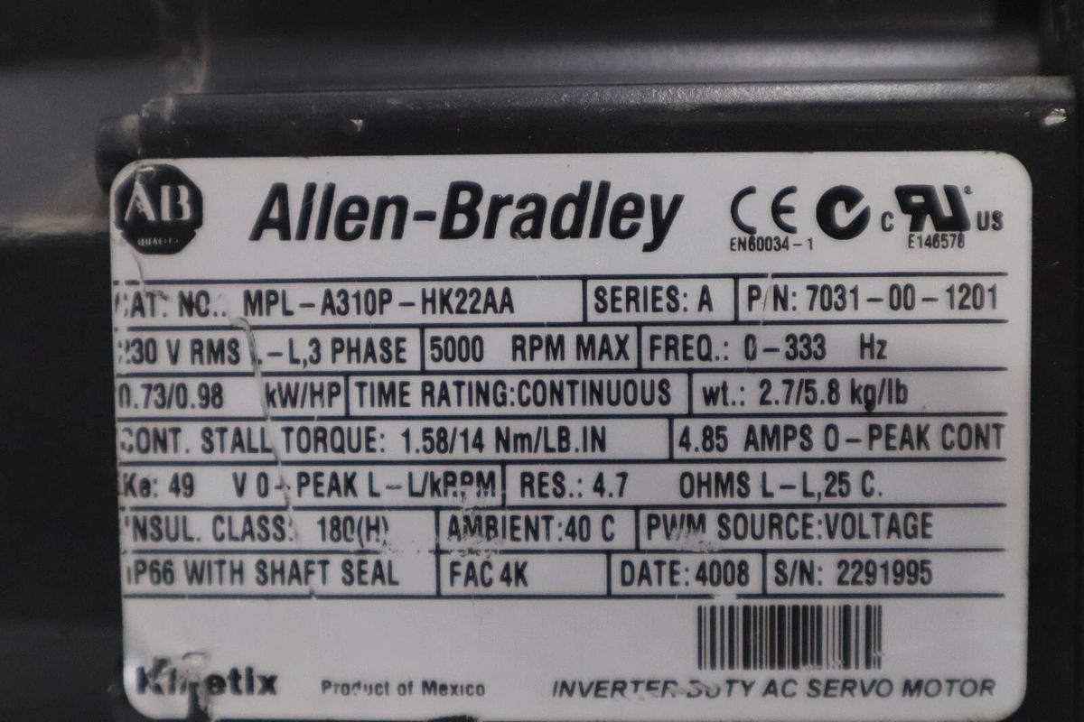 Used ALLEN BRADLEY MPL-A310P-HK22AA 7031-00-1201 SERVO MOTOR AB STOCK 4912-A