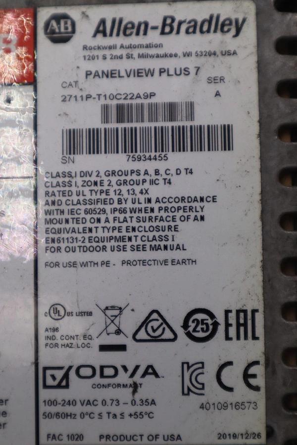 Used Allen Bradley 2711P-T10C22A9P /A PanelView Plus Color Screen STOCK #5633CC