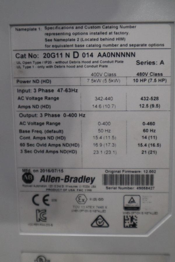 Used Allen Bradley 20G11ND014AA0NNNNN Powerflex 755 Drive 10HP - STOCK 3722CC