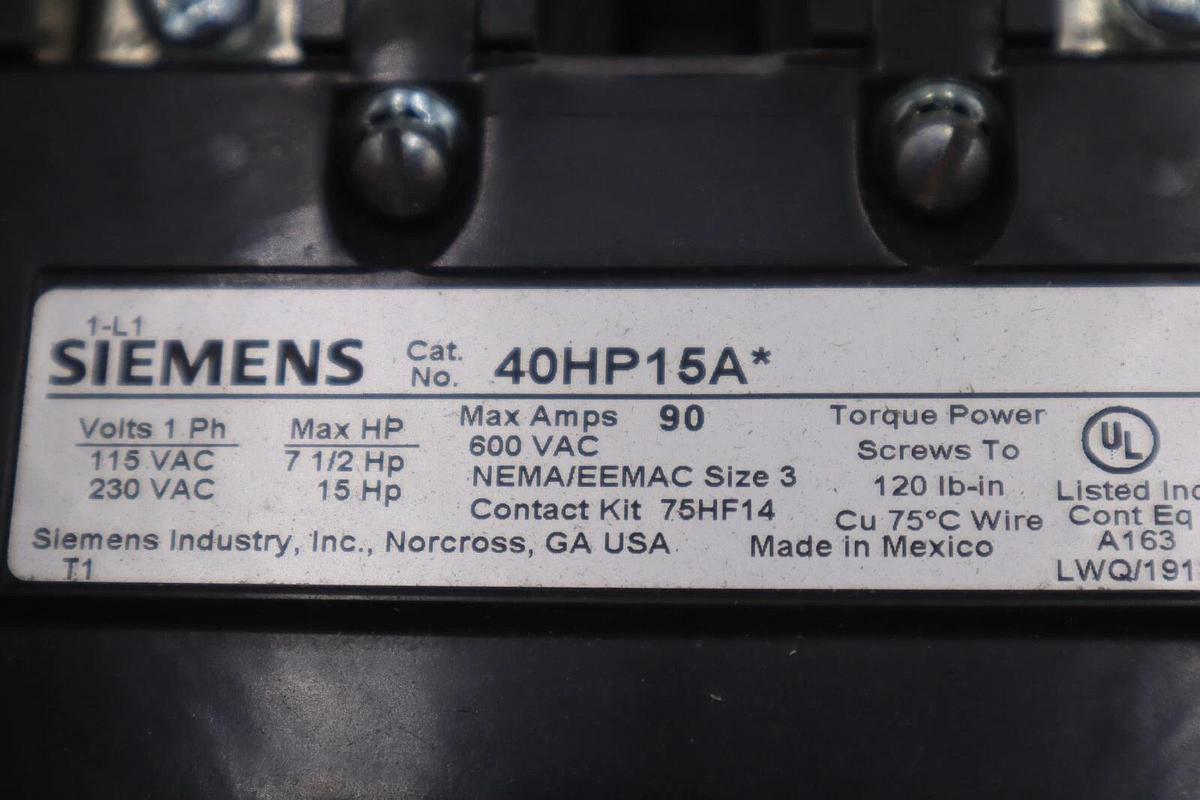 Used SIEMENS 40HP15AA CONTACTOR SZ3 1PH OPN 120/240V STOCK 4600