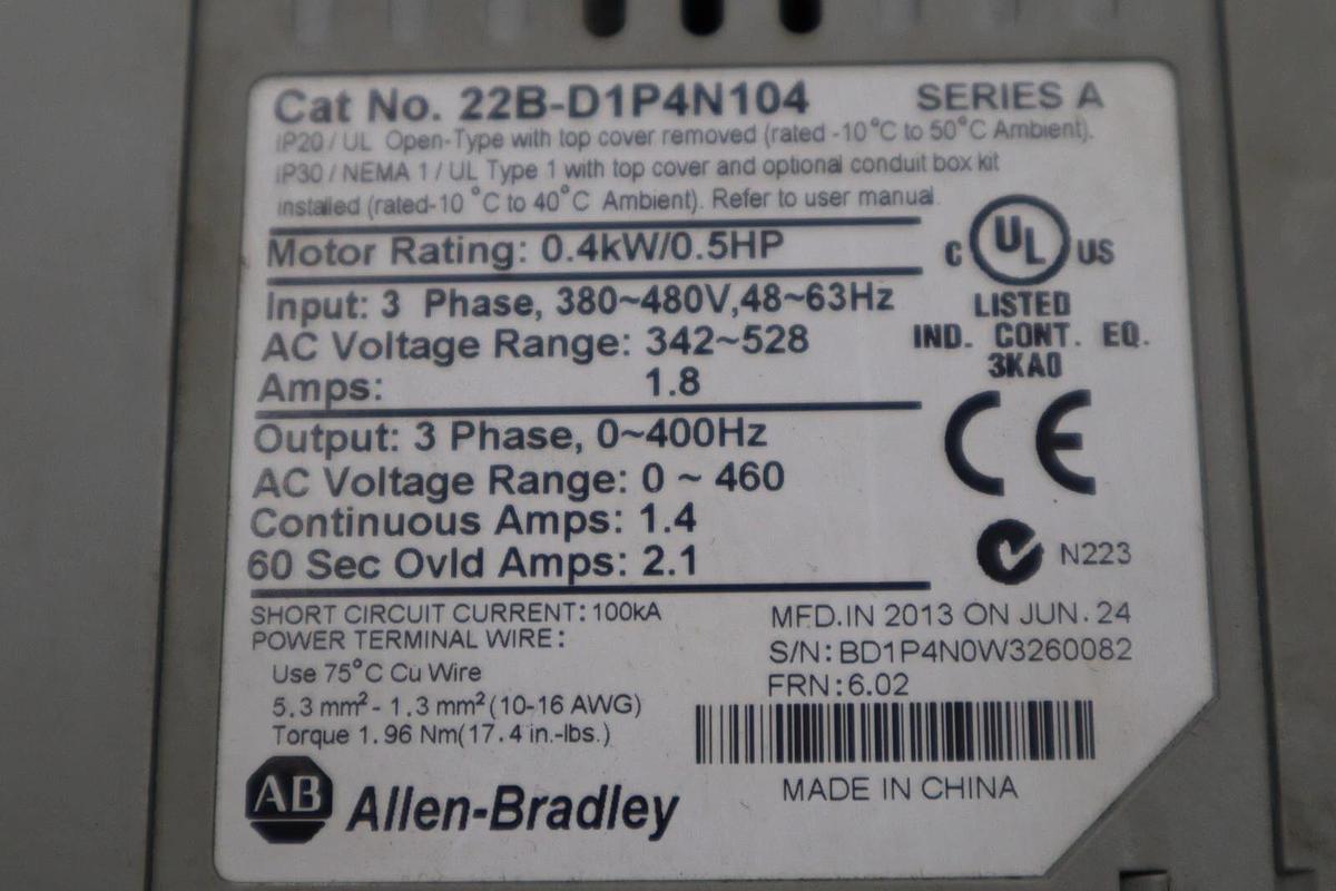 Used Allen-Bradley 22B-D1P4N104 PowerFlex 40 AC Drive 2022 22BD1P4N104 STOCK 2434-A