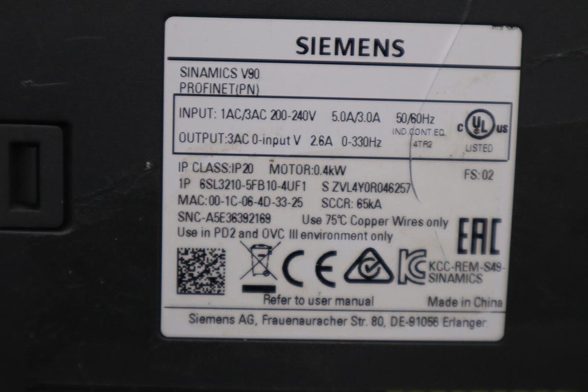 Used SIEMENS 6SL3210-5FB10-4UF1 SINAMICS V90 PROFINET SERVO DRIVE - STOCK H817C