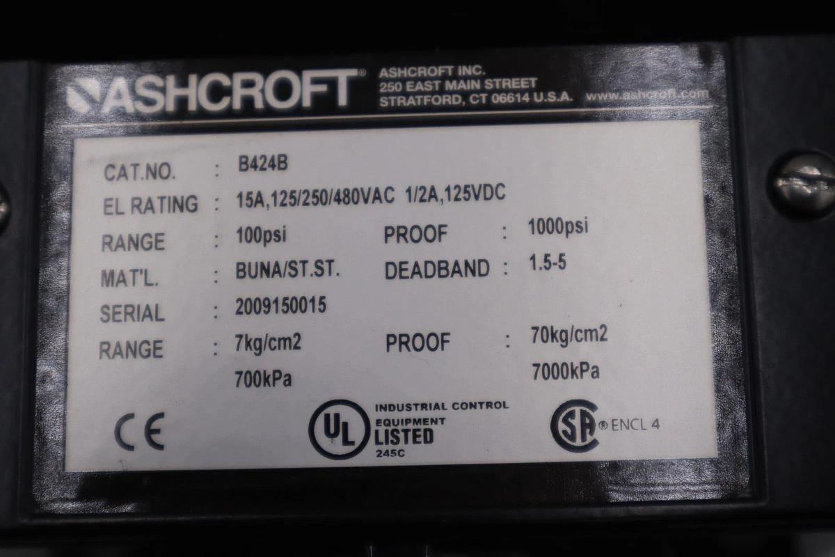 Used ASHCROFT B424B PRESSURE SWITCH 15 Amp 480 VAC 125 VDC 200 PSI - STOCK GF283A