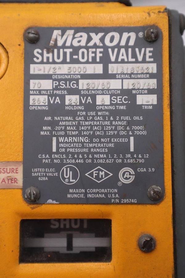 Used New Maxon 1.5" 5000 0 Natural Gas Shut Off Valve 70 PSI 115 Volt Trim 1-1 6 Sec