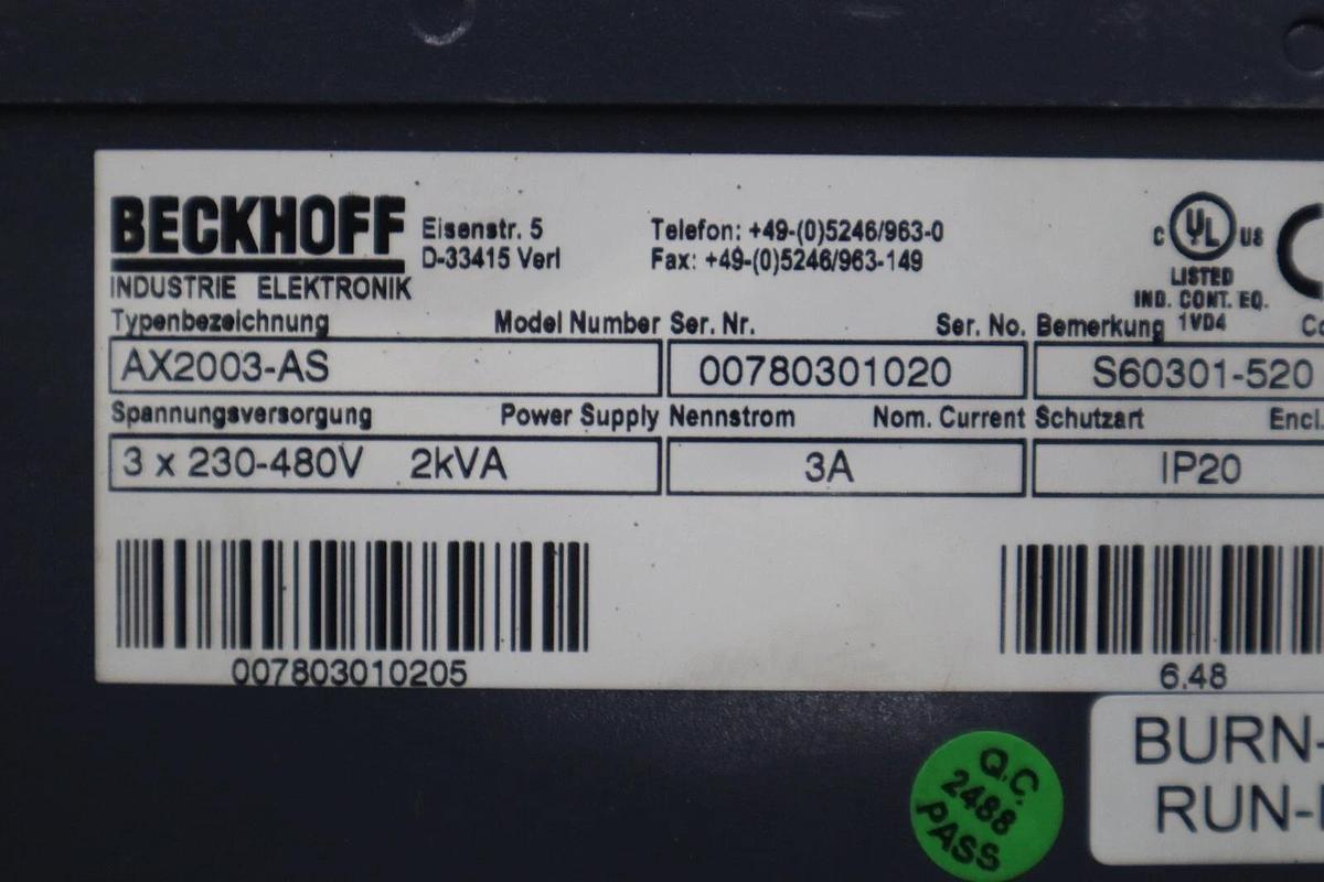 Used Beckhoff AX2003-AS S60301-520 Digital Compact Servo Drive Amplifier STK 3450-D