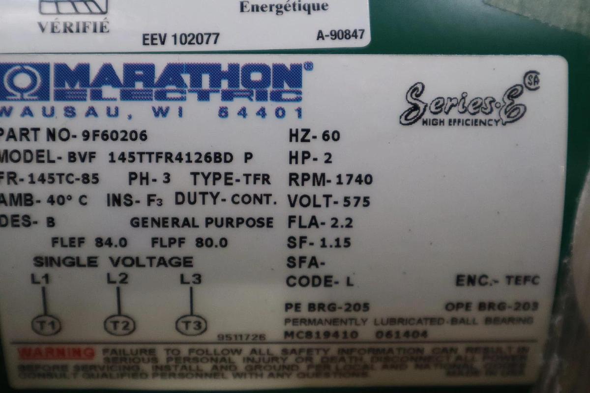 Used MARATHON ELECTRIC U708 145TTFR4126 2 Hp 575, 3 PH, 145TC FR - STOCK GF196A