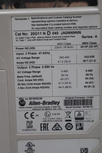 Used Allen Bradley 20G11ND040JA0NNNNN /A PowerFlex 755 480V AC 30HP STOCK 4667