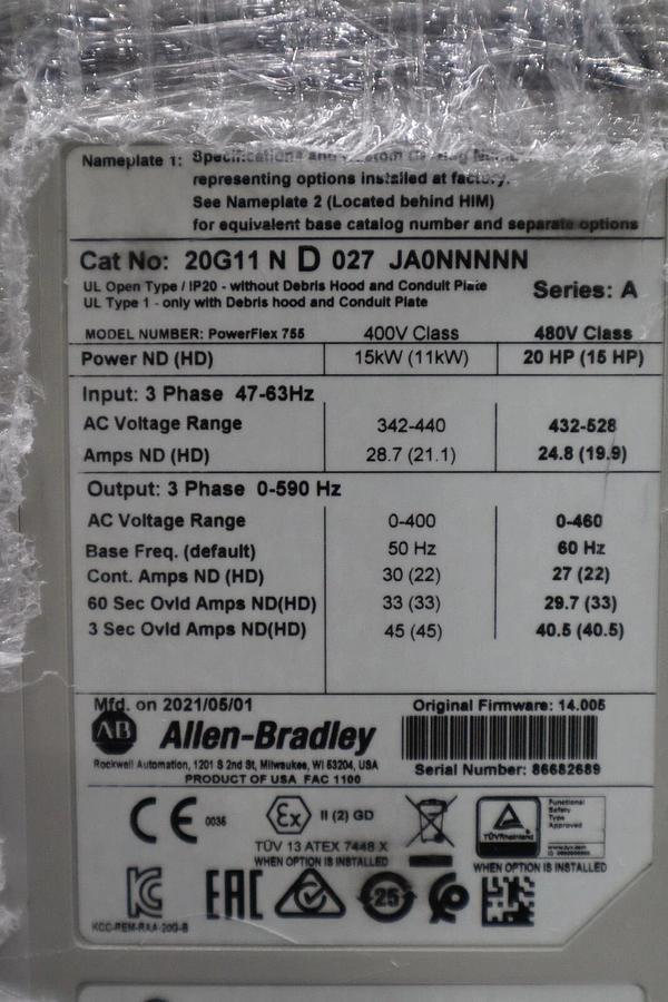 Used Allen-Bradley 20G11ND027JA0NNNNN POWERFLEX 755 DRIVE 20 HP NEW 480 VAC #1211-C