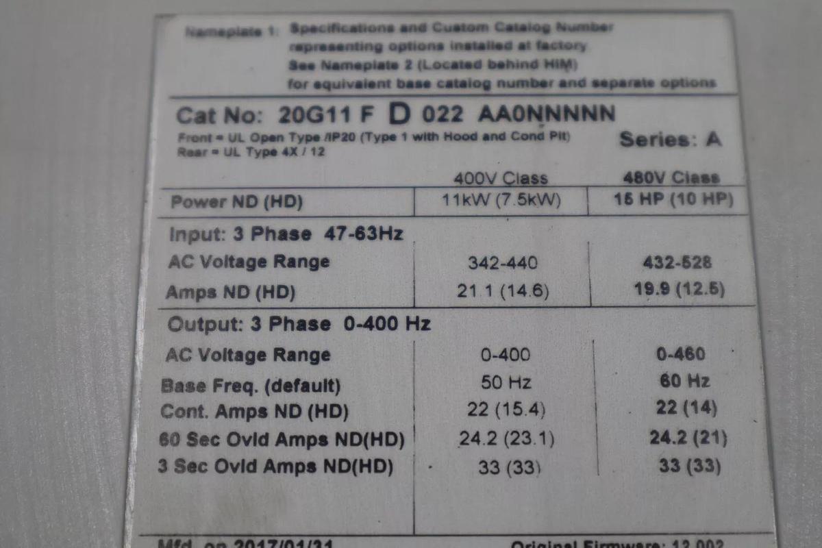 Used Allen-Bradley 20G11FD022AA0NNNNN /A 15HP Powerflex 755 AC DRIVE STOCK 2374A