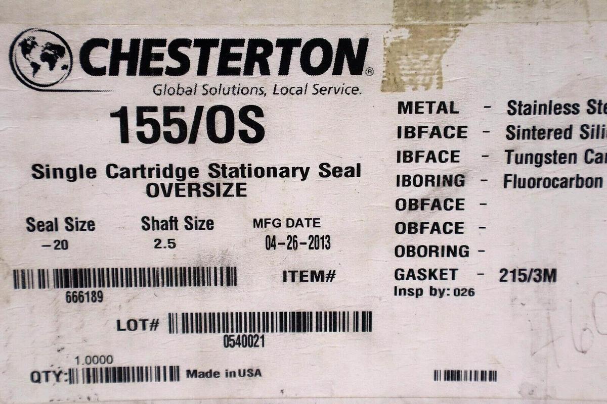 CHESTERTON 155/OS SINGLE CARTRIDGE STATIONARY SEAL OVERSIZE STOCK #3469