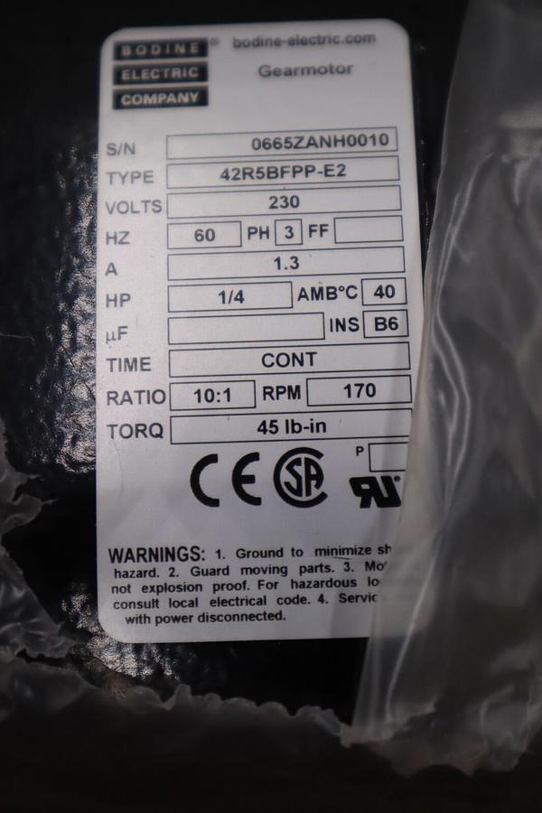 Bodine gear motor 42R5BFPP-E2 230V 3PH 1/4HP 10:1 170 RPM NEW UNIT STOCK H458