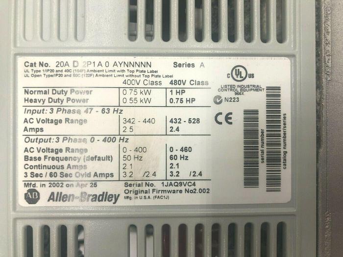 Used ALLEN BRADLEY 20AD2P1A0AYNNNNN POWERFLEX 70 SER A 480V 1 HP STOCK 1316