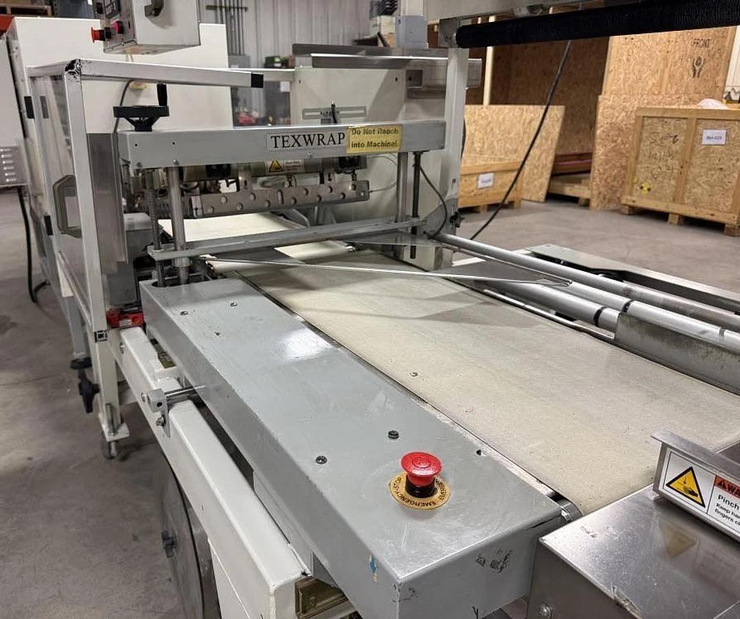 Used TEXWRAP MODEL 2219 SHRINK WRAP SYSTEM W/ TEXWRAP # F05—5’ LUGGED INFEED CONVEYOR