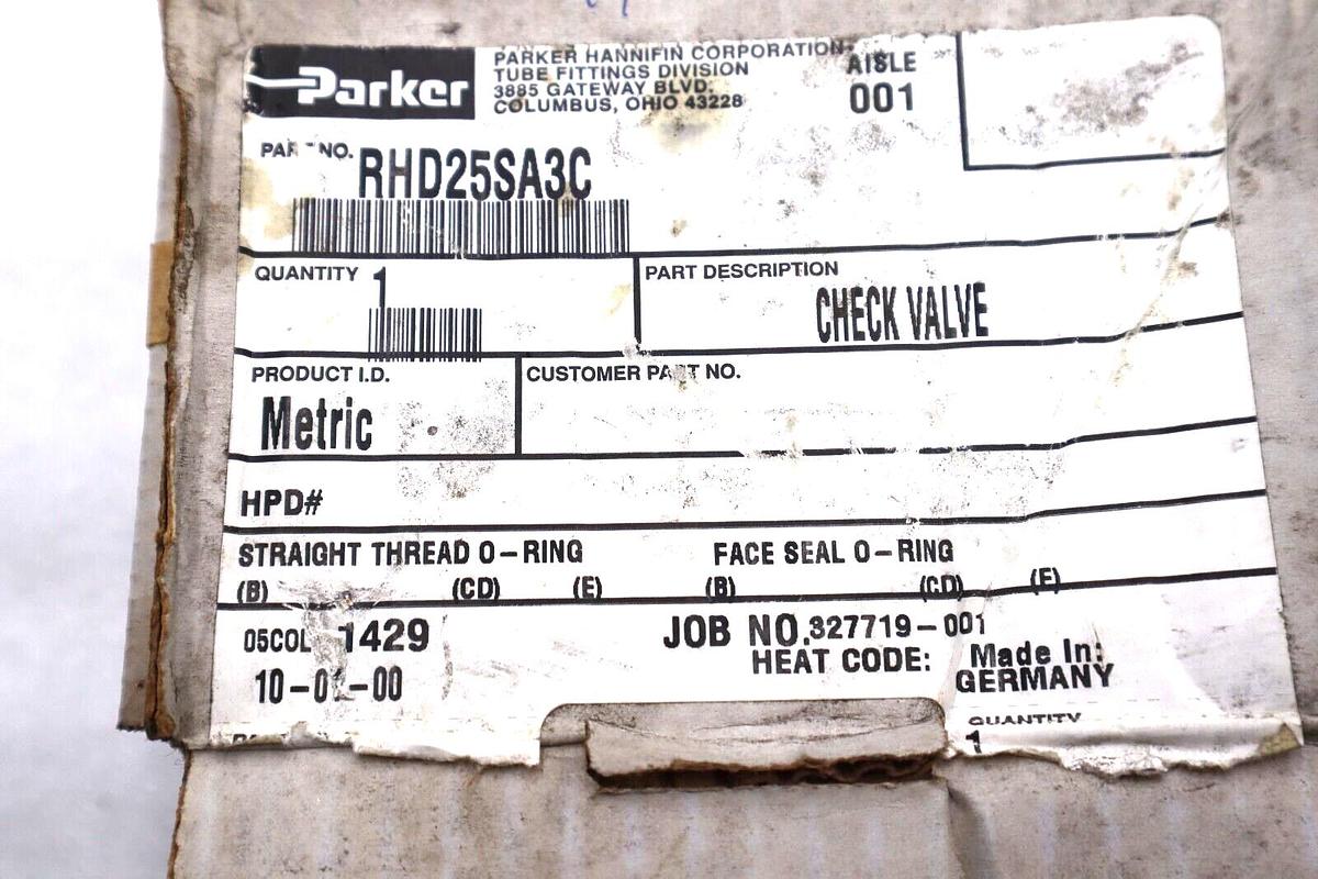 NEW PARKER RHD25SA3C METRIC CHECK VALVE FLUID CONNECTORS #L-586