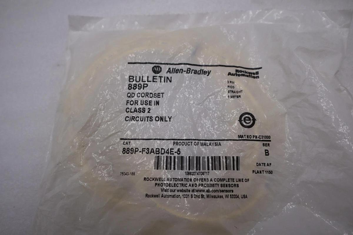 Used ALLEN BRADLEY 889P-F3ABD4E-5 PATCHCORD: PICO (M8) FEMALE STRAIGHT 3-PIN #H721A