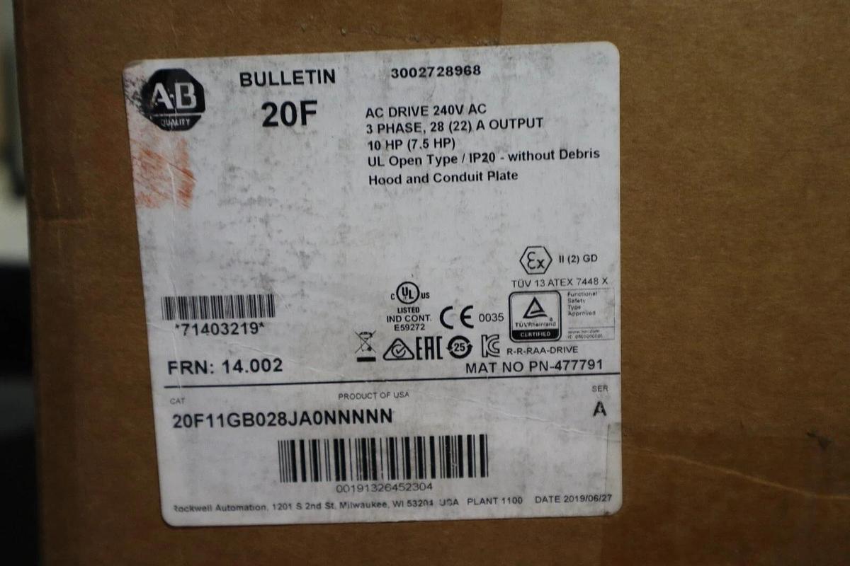 ALLEN BRADLEY POWERFLEX 753 20F11GB028JA0NNNNN SERIES A 10 HP STOCK 5001A