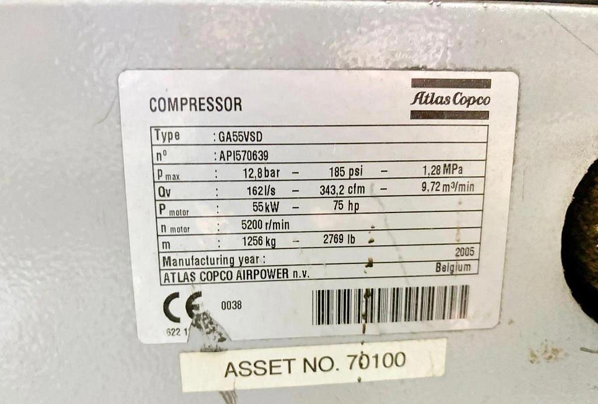 Used 75 HP ATLAS COPCO MODEL GA55VSD ROTARY SCREW AIR COMPRESSOR