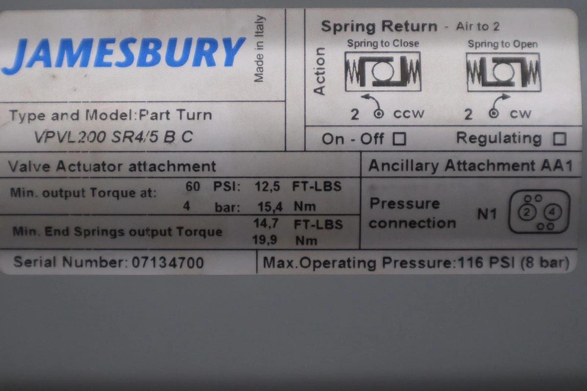 New OPEN BOX Jamesburry VPVL200 SR4/5 B C Valve Actuator STOCK SGF149