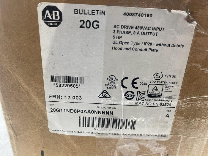ALLEN BRADLEY POWERFLEX 755 DRIVE 5 HP 20G11ND8P0AA0NNNNN MFG. 2017 STOCK 3702