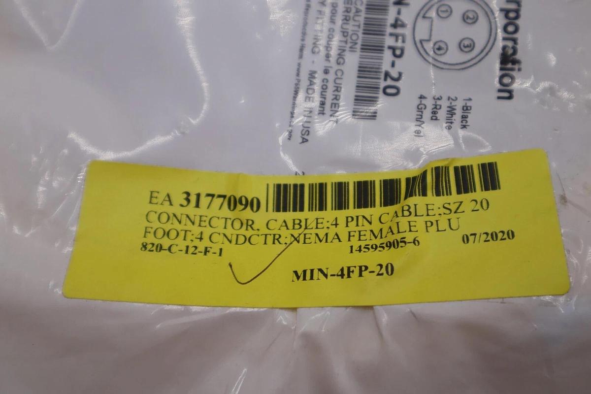 Used Mencom Corporation MIN-4FP-20 Connector Cable 4 Pin 4 Ft. New Stock #3544
