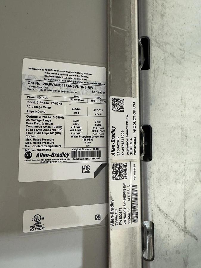 Used ALLEN BRADLEY 20GWANC415AN6VNHN8-RW AC DRIVE LIQUID COOLED 3 PHASE OUTPUT #S683