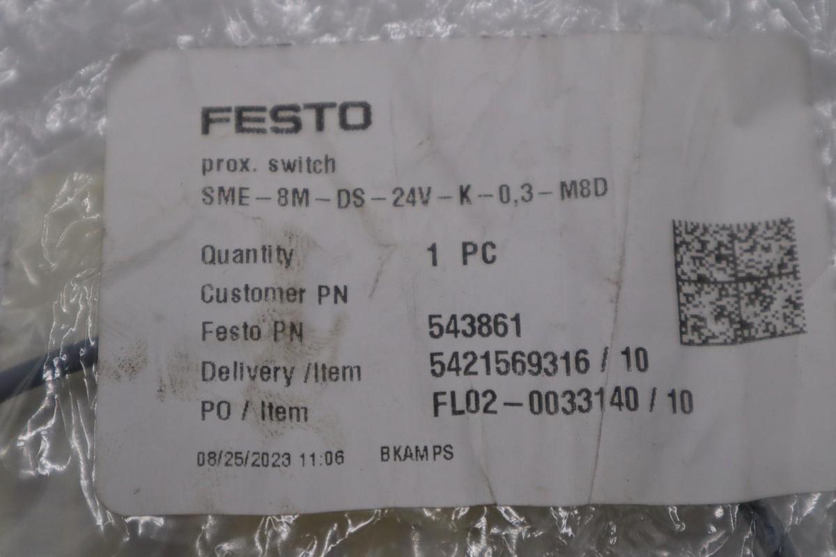 FESTO 5-10V M8 NO PROXIMITY SENSOR 543861 SME-8M-DS-24V-K-0,3-M8D STK H1656A