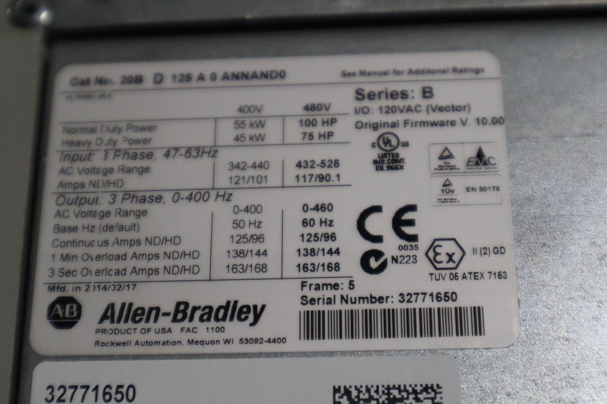 Used Allen Bradley 20BD125A0ANNAND0 100 HP Ser B Powerflex 700 Drive VFD Stock 3367-A