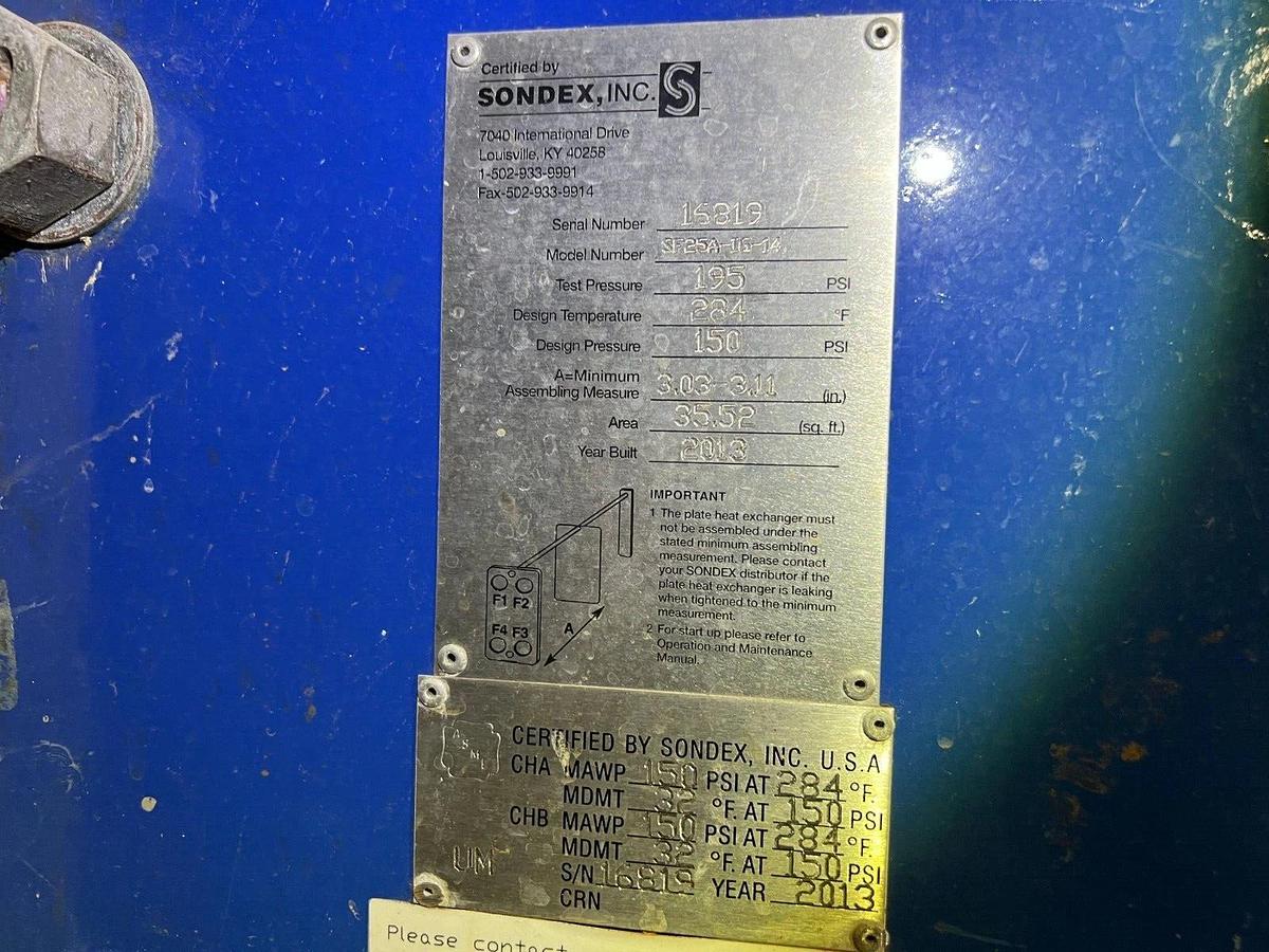 Used SONDEX INC. SF25A-1G-14 PLATE TYPE HEAT EXCHANGER MFG. 2013 STOCK H1055