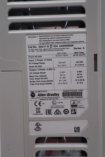 NEW ALLEN BRADLEY POWERFLEX 755 20G11ND034AA0NNNNN 25HP DRIVE SER A STOCK 4014
