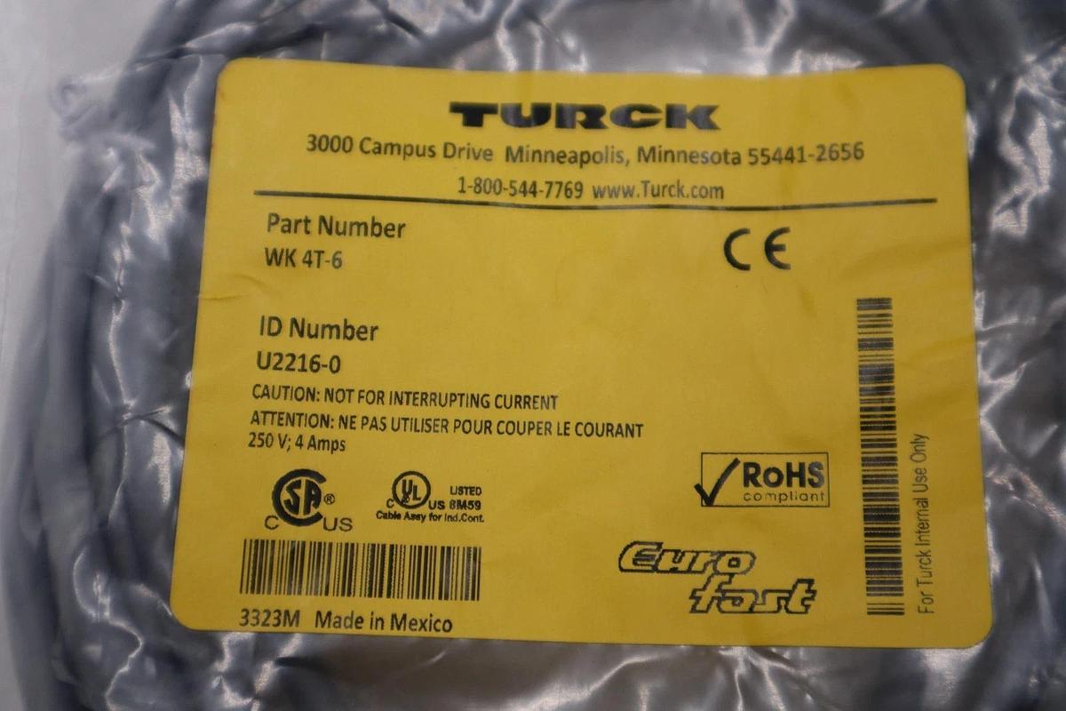 LOT OF 2 - Turck WK 4T-6 Single-Ended Cordset Connector U2216-0 STOCK H852A