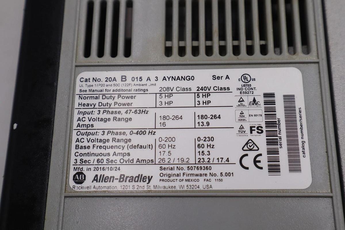 Used Allen-Bradley PowerFlex 70 20AB015A3AYNANG0 MFG. 2016 AC Drive STOCK 2438