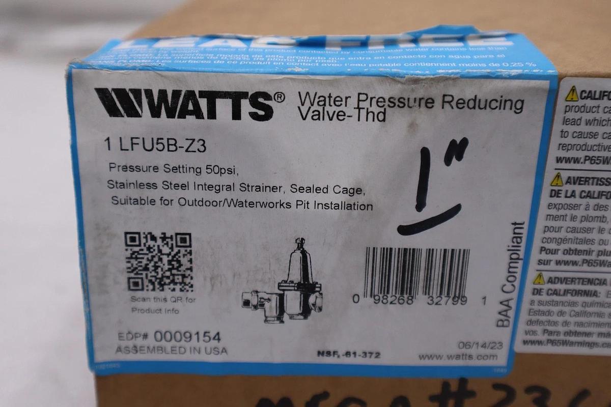 Used WATTS 1 LFU5B-Z3 50PSI 1" WATER PRESSURE REDUCING VALVE-THD - STOCK GF448