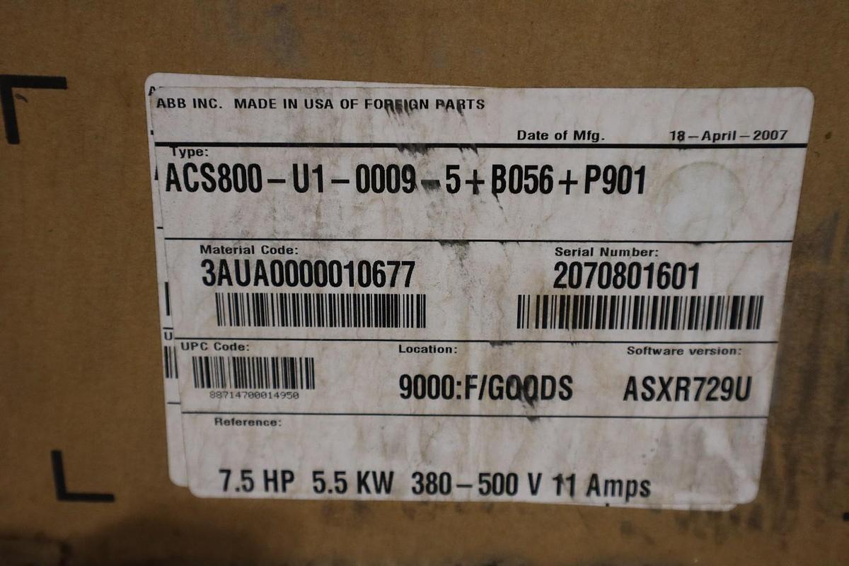 Used ABB ACS800-U1-0009-5+B056+P901 AC Drive 7.5 HP 5.5 kW STK 1529CC