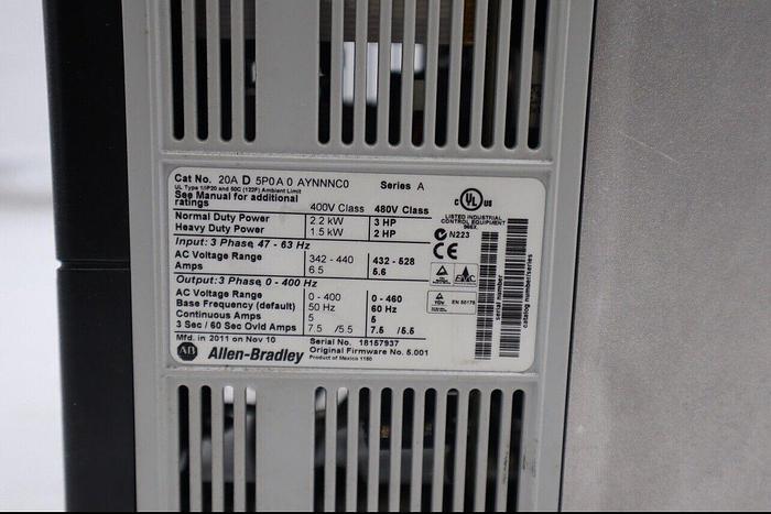 Used ALLEN BRADLEY 20AD5P0A0AYNNNC0 SERIES A POWERLEX 70 AC DRIVE 3HP STOCK 1676