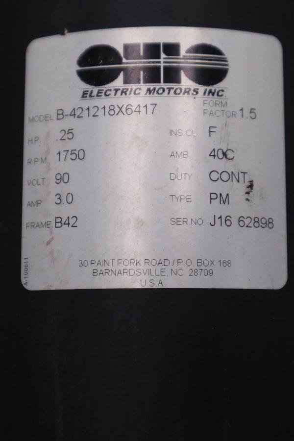Used Ohio Electric Motors B-421218X6417 90V 1750 RPM FRAME B42 Form Factor 1.5 #H887