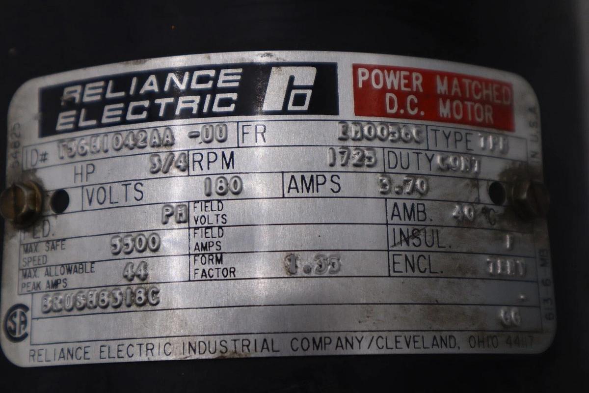 Used RELIANCE ELECTRIC T56H1042AA-UU DUTY POWER MOTOR 3/4 HP STOCK #M-52