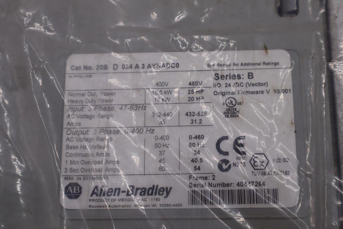Used REFURB Allen Bradley PowerFlex 700 20BD034A3AYNADC0 MFG 2015 AC Drive STOCK 2448