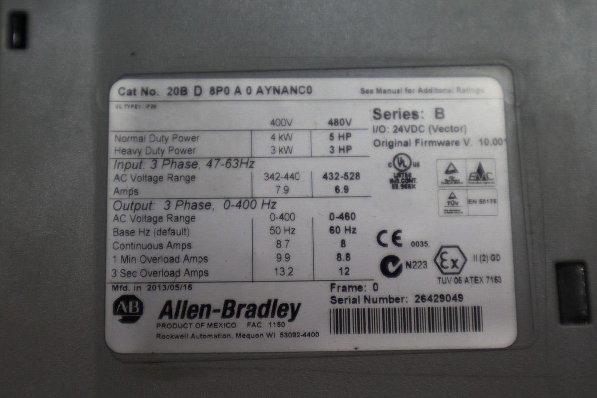 Used Allen Bradley 20BD8P0A0AYNANC0 SER B8A 460V 5HP Powerflex 700 Drive STOCK 4663