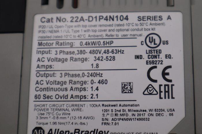 Used ALLEN BRADLEY 22A-D1P4N104 SER. A ADJUSTABLE FREQUENCY AC DRIVE  STOCK B-1297