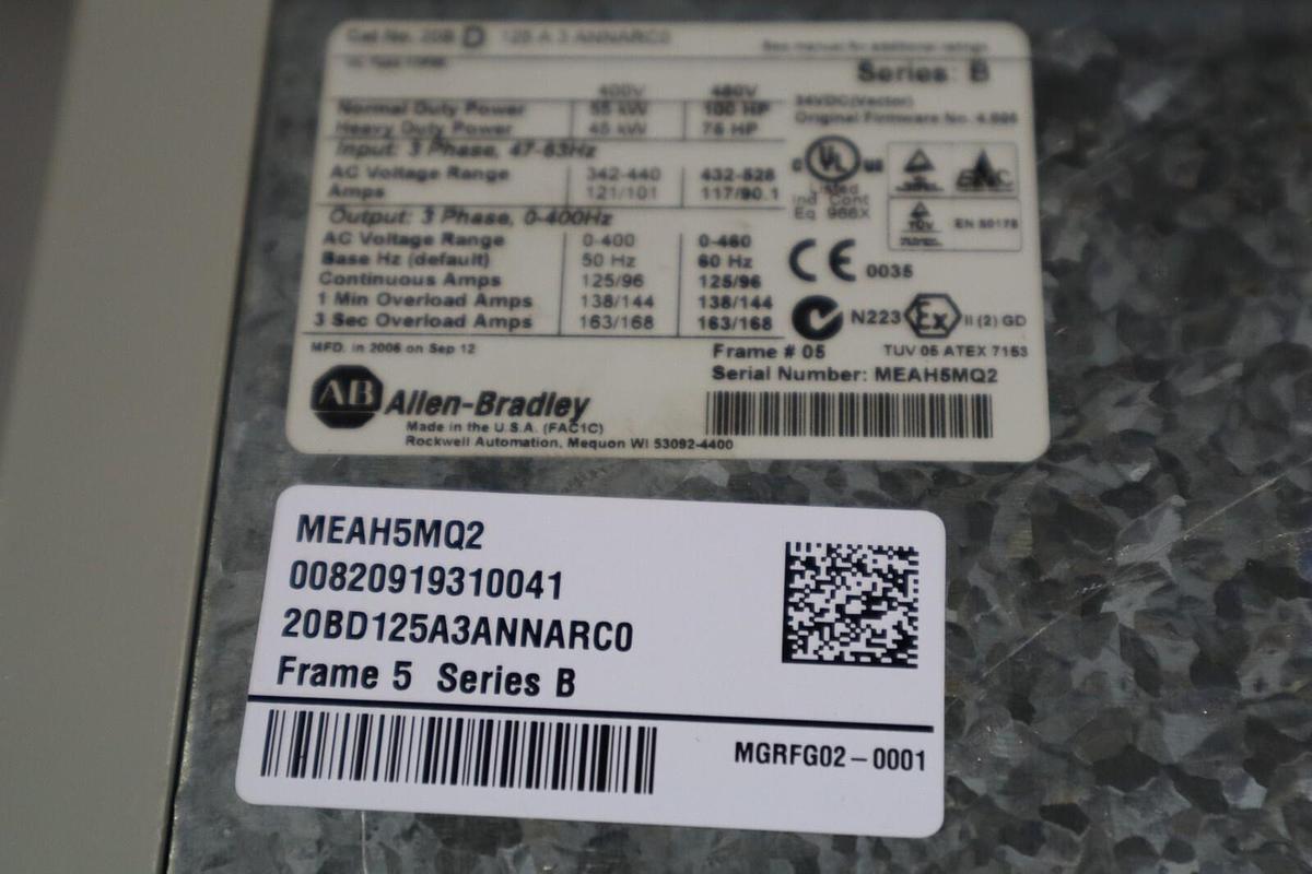 Used ALLEN BRADLEY 20BD125A3ANNARC0 100 HP POWERFLEX 700 DRIVE VFD STOCK 5348