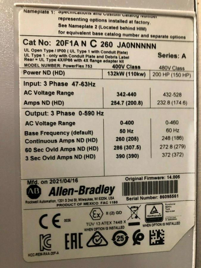 Allen-Bradley 20F1ANC260JA0NNNNN PowerFlex 753 AC Drive 400V 132kW 3-PH S-217